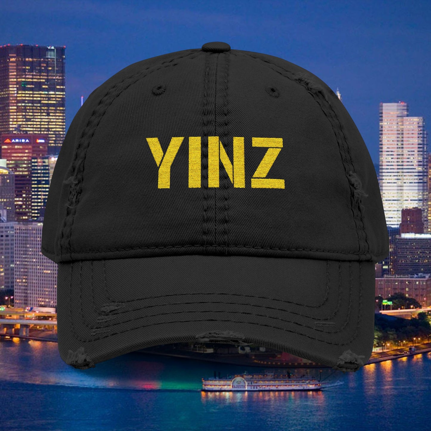 YINZ Pittsburgh Hat Embroidered Distressed Baseball Cap (Gold Thread) | Pittsburghese Dad Hat | Vintage Washed Crew Cap