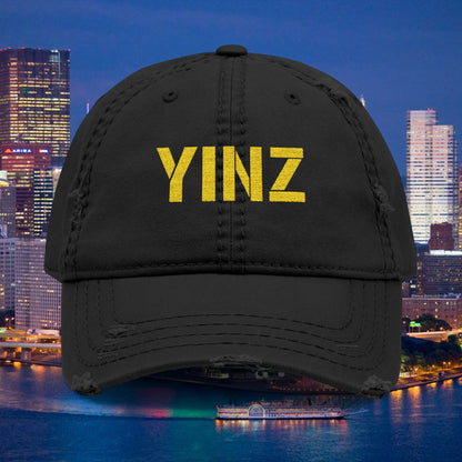 YINZ Pittsburgh Hat Embroidered Distressed Baseball Cap (Gold Thread) | Pittsburghese Dad Hat | Vintage Washed Crew Cap