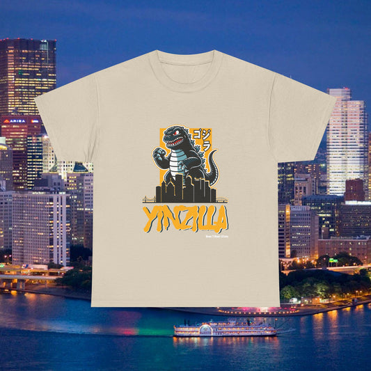 YINZILLA Black and Gold T-Shirt Giant Lizard & Pittsburgh Skyline Silhouette Funny Yinzer PGH Monster Tee