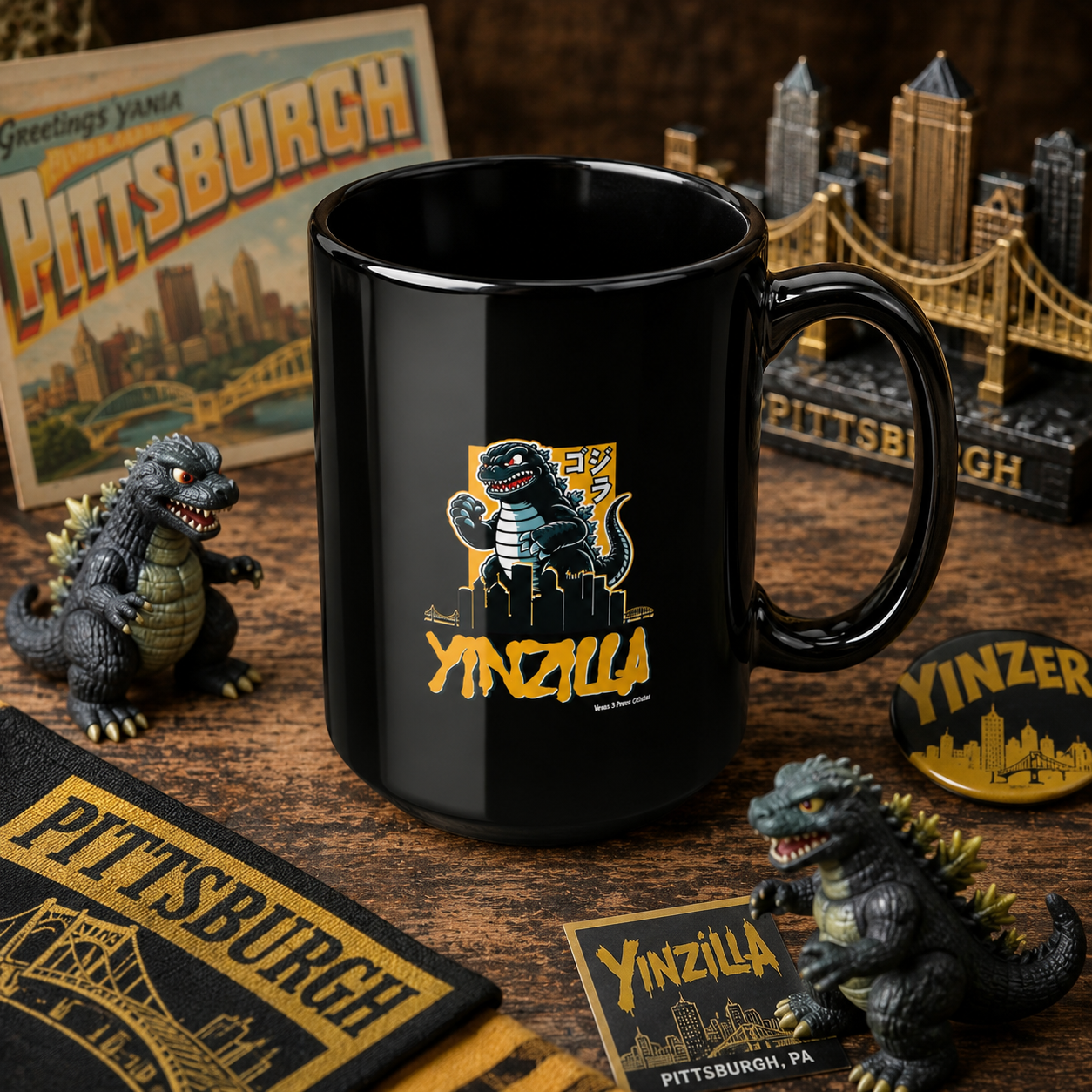 YINZILLA Coffee Mug 15oz | Pittsburgh Yinz Parody Godzilla Mug | Yinzer Funny PGH Gift | Black & Gold Humor Cup