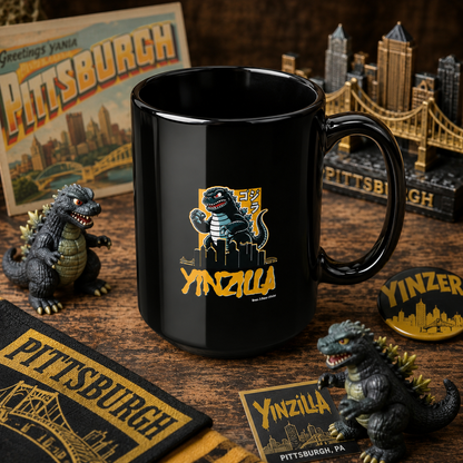 YINZILLA Coffee Mug 15oz | Pittsburgh Yinz Parody Godzilla Mug | Yinzer Funny PGH Gift | Black & Gold Humor Cup