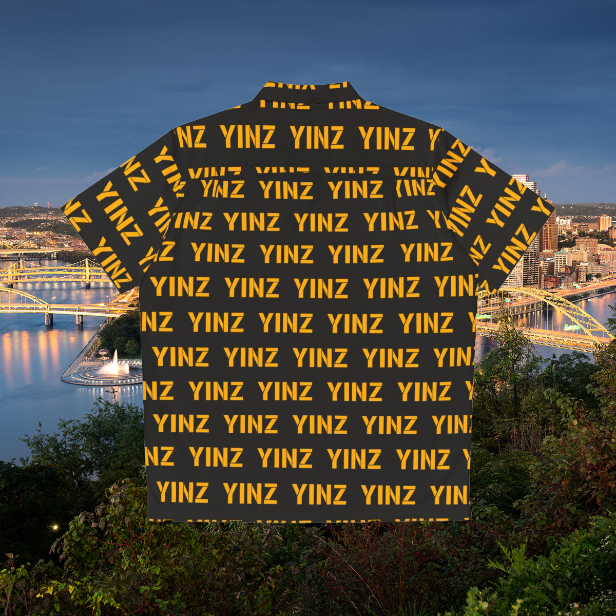 YINZ Hawaiian Shirt, Pittsburghese Aloha Button Up, Black & Gold Yinzer Pattern, PGH Vacation Shirt, Funny Pittsburgh Gift