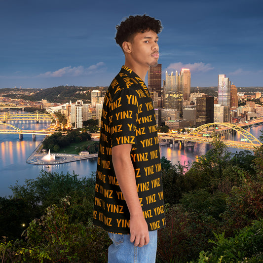 YINZ Hawaiian Shirt, Pittsburghese Aloha Button Up, Black & Gold Yinzer Pattern, PGH Vacation Shirt, Funny Pittsburgh Gift