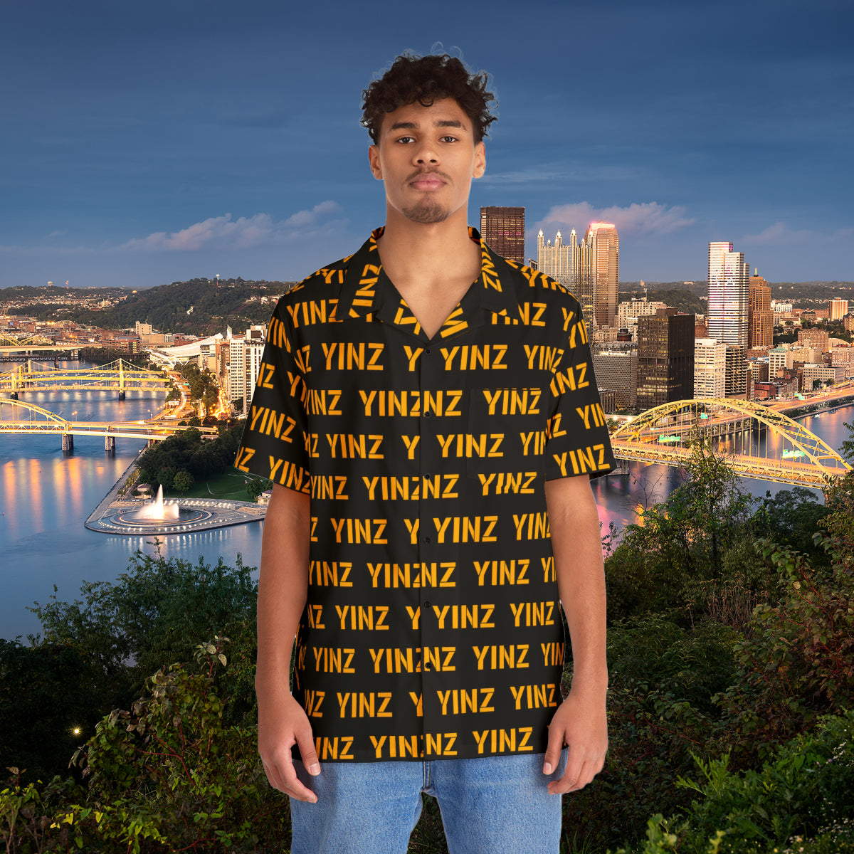 YINZ Hawaiian Shirt, Pittsburghese Aloha Button Up, Black & Gold Yinzer Pattern, PGH Vacation Shirt, Funny Pittsburgh Gift