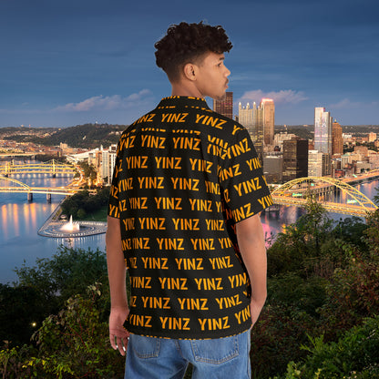 YINZ Hawaiian Shirt, Pittsburghese Aloha Button Up, Black & Gold Yinzer Pattern, PGH Vacation Shirt, Funny Pittsburgh Gift