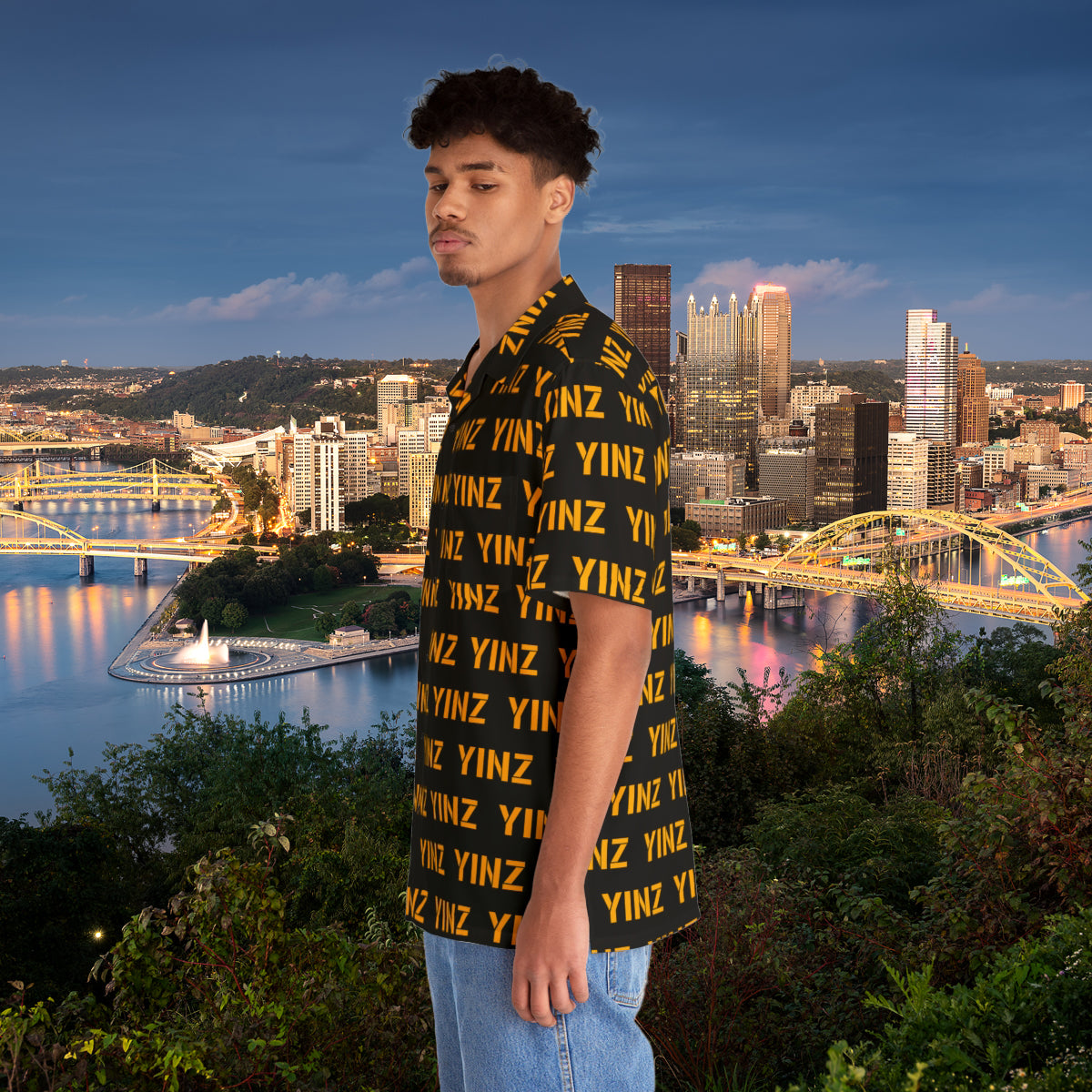 YINZ Hawaiian Shirt, Pittsburghese Aloha Button Up, Black & Gold Yinzer Pattern, PGH Vacation Shirt, Funny Pittsburgh Gift