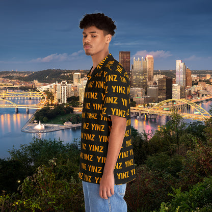 YINZ Hawaiian Shirt, Pittsburghese Aloha Button Up, Black & Gold Yinzer Pattern, PGH Vacation Shirt, Funny Pittsburgh Gift