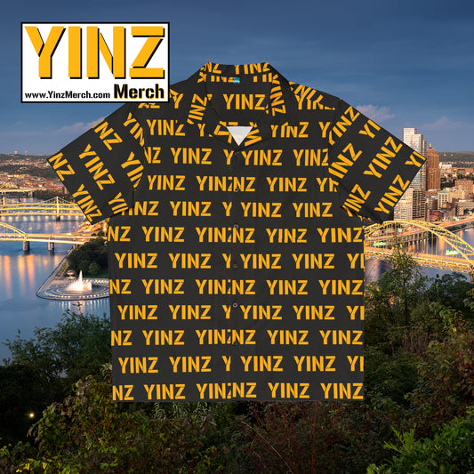 YINZ Hawaiian Shirt, Pittsburghese Aloha Button Up, Black & Gold Yinzer Pattern, PGH Vacation Shirt, Funny Pittsburgh Gift