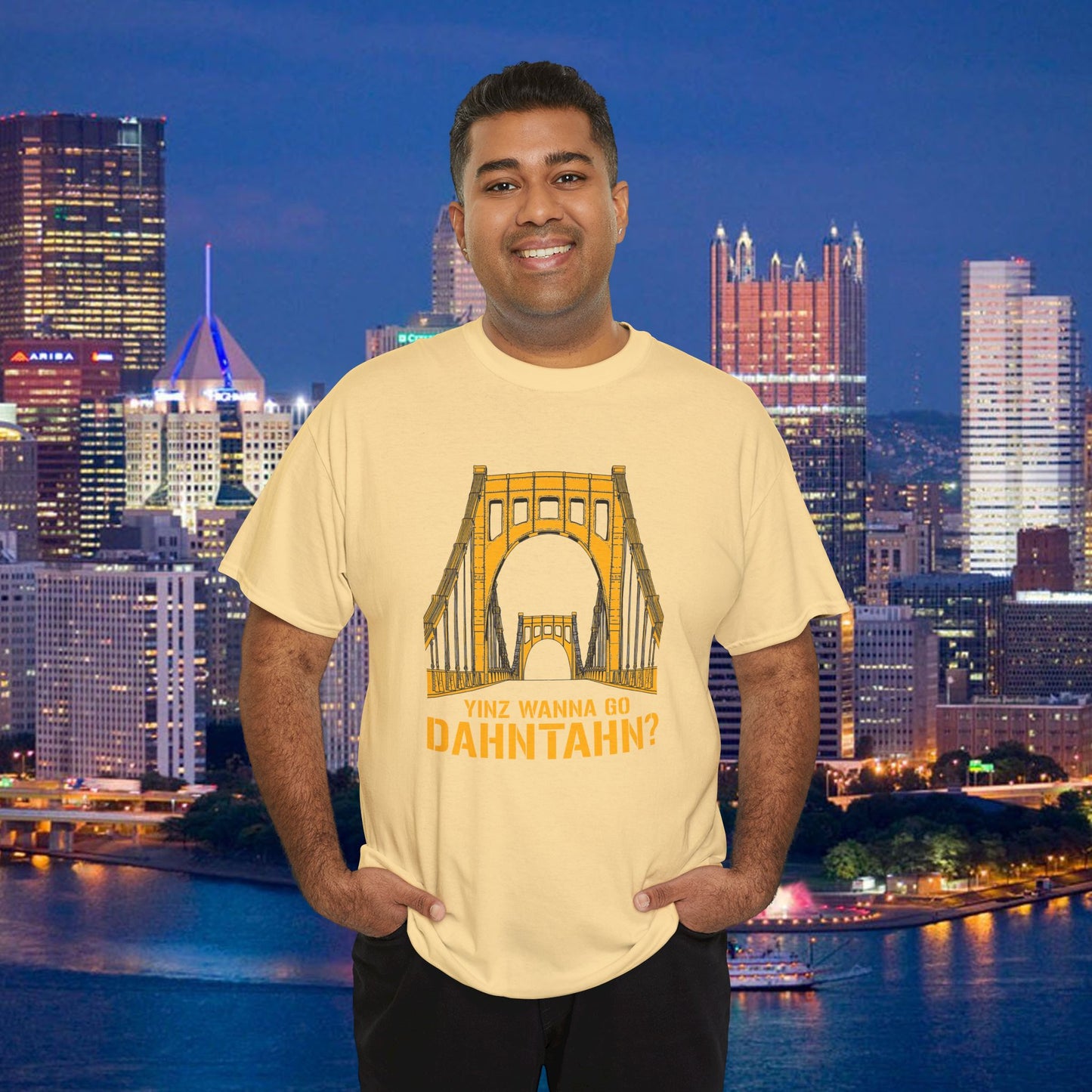 Yinz Wanna Go Dahntahn? T-Shirt | 6th Street Bridge Pittsburgh Tee | Pittsburghese Yinzer Shirt | Steel City Humor Graphic | PGH Gift