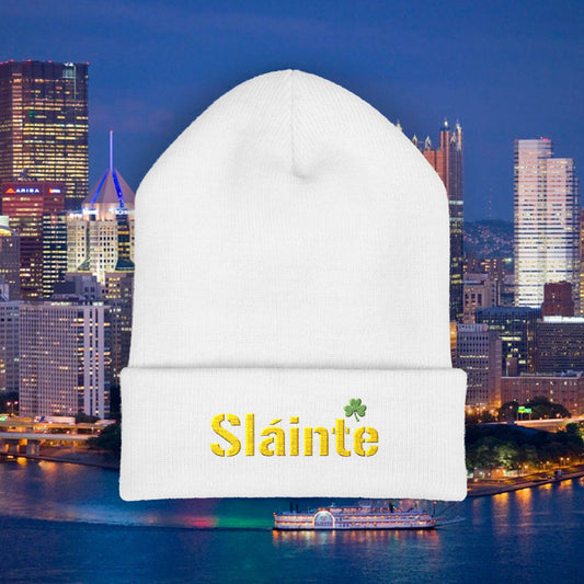 Slainte Shamrock Embroidered Beanie | Pittsburgh Yinzer Inspired Irish Hat | Black & Gold Style Winter Cap | St Patricks Day Gift