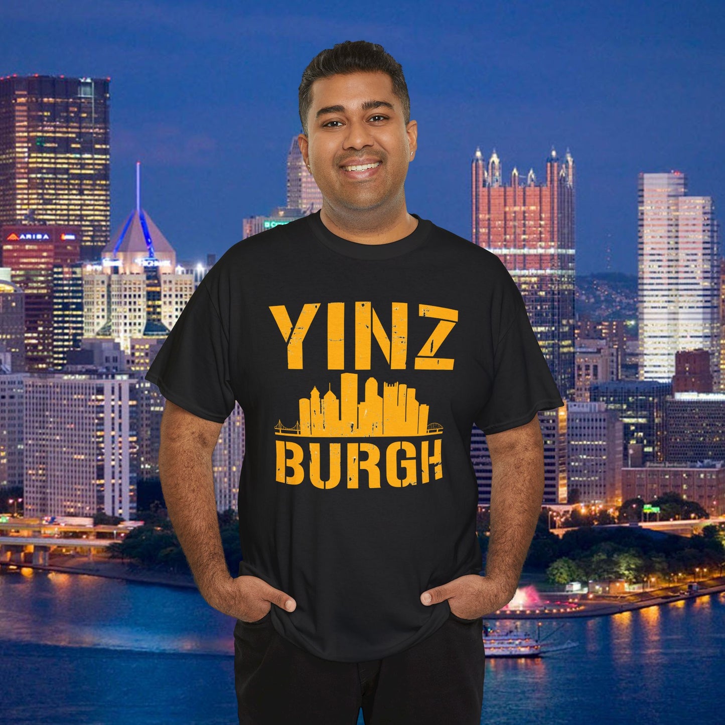YINZ BURGH Pittsburgh Skyline T-Shirt | Steel City Yinzer Graphic Tee | PGH Downtown Outline Shirt