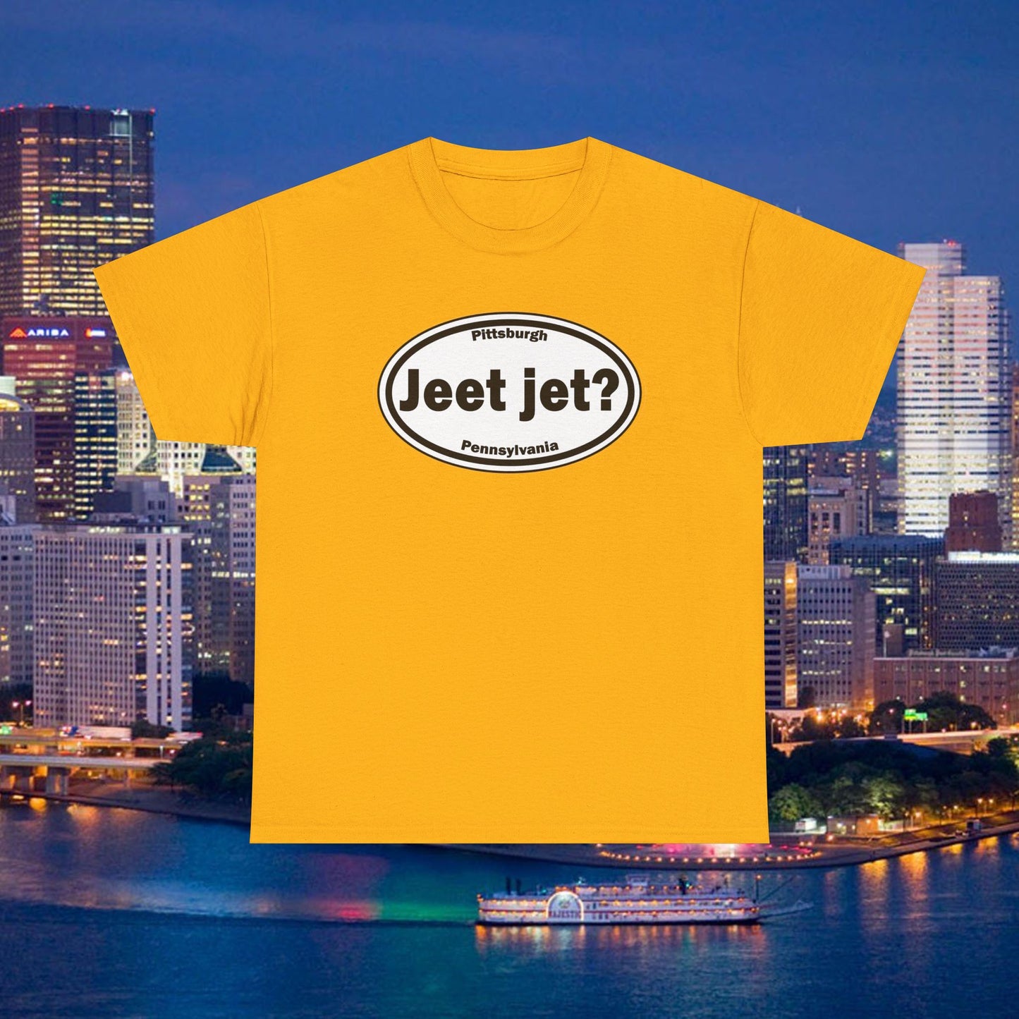 Jeet Jet Pittsburghese Oval T-Shirt | Yinzer Phrase Graphic Tee | PGH Slang Did You Eat Yet Shirt