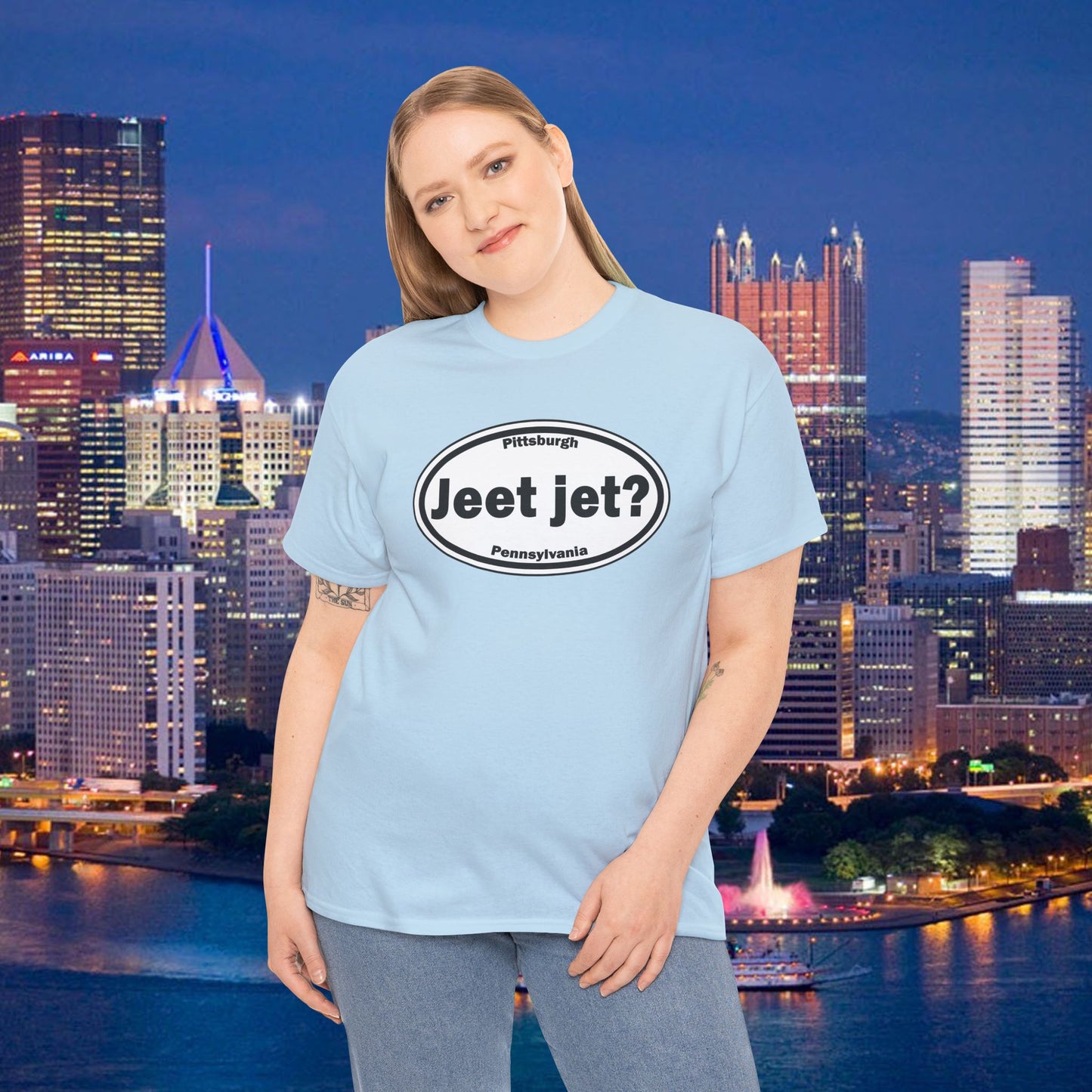 Jeet Jet Pittsburghese Oval T-Shirt | Yinzer Phrase Graphic Tee | PGH Slang Did You Eat Yet Shirt