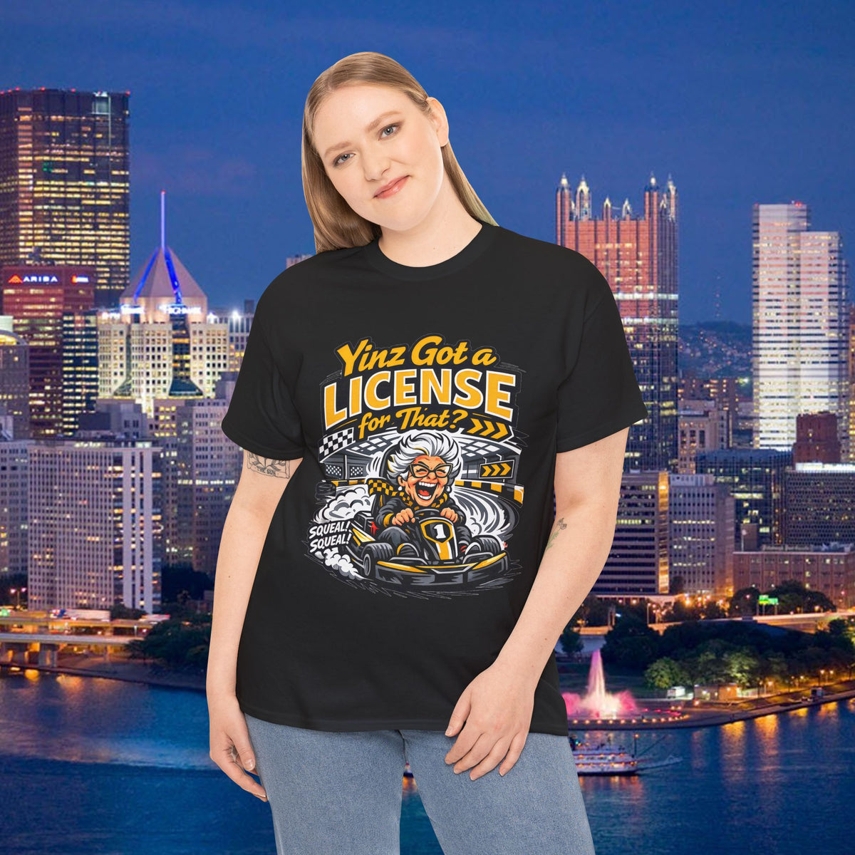 Yinz Got a License for That Shirt, Funny Pittsburgh Go Kart T-Shirt, Sarcastic Yinzer Racing Tee, Black and Gold Burgh Gift