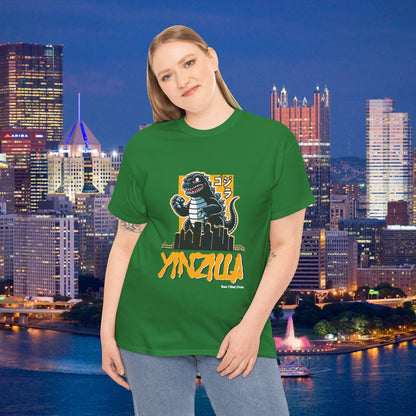 YINZILLA Black and Gold T-Shirt Giant Lizard & Pittsburgh Skyline Silhouette Funny Yinzer PGH Monster Tee