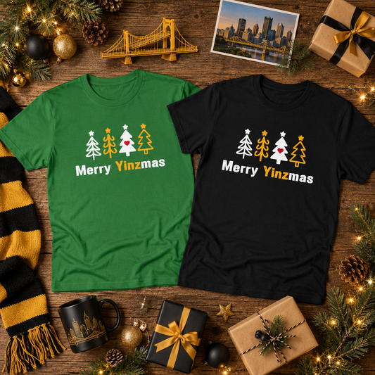 Merry Yinzmas T-Shirt, Pittsburgh Christmas Shirt, Stylized Tree Tee, Yinzer Holiday Gift, Pittsburghese Christmas Shirt