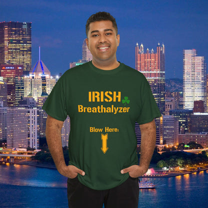 Irish Breathalyzer Blow Here T-Shirt | Funny St Patricks Day Pittsburgh Yinzer Shirt | Steelers Style Font Parody | Irish Drinking Tee