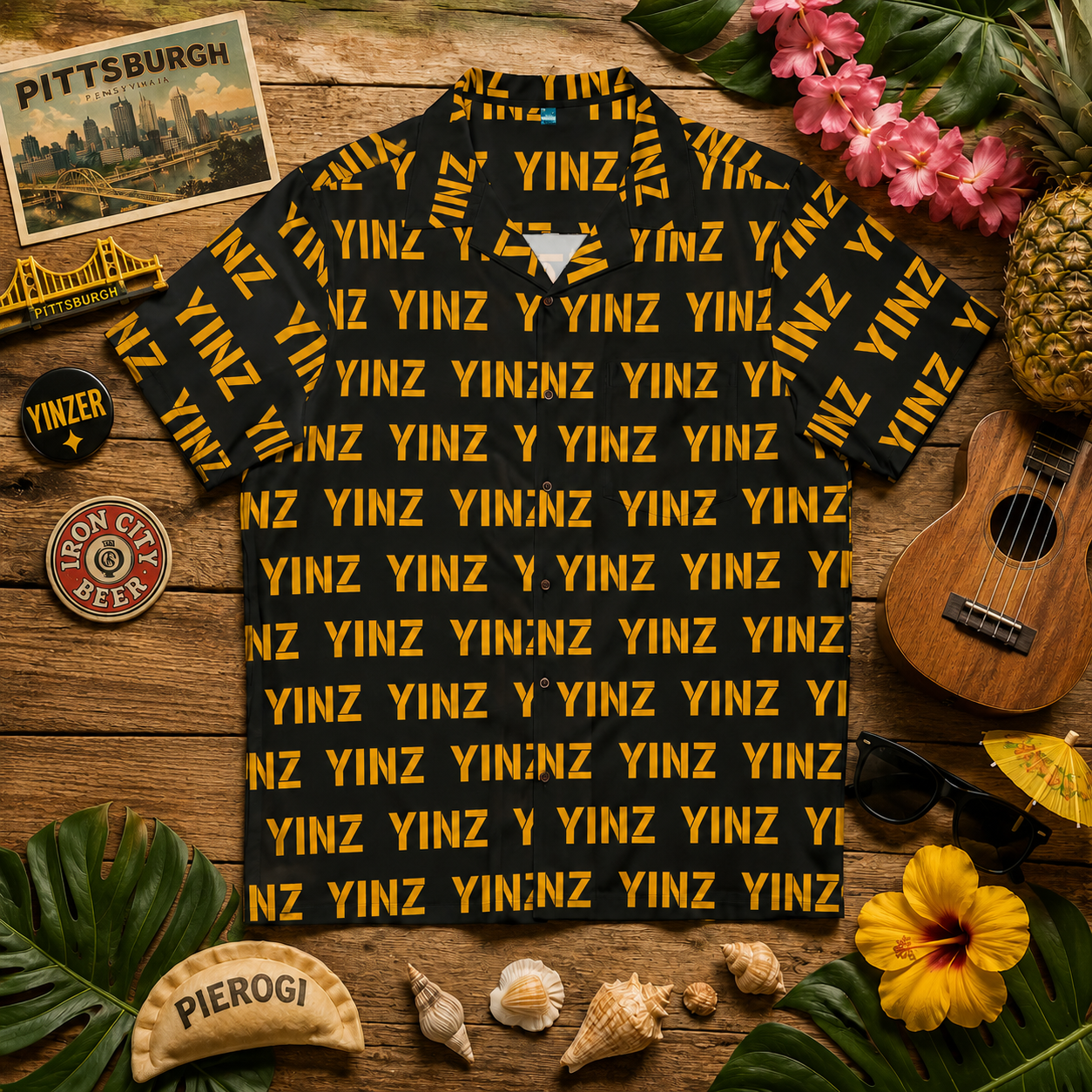 YINZ Hawaiian Shirt, Pittsburghese Aloha Button Up, Black & Gold Yinzer Pattern, PGH Vacation Shirt, Funny Pittsburgh Gift