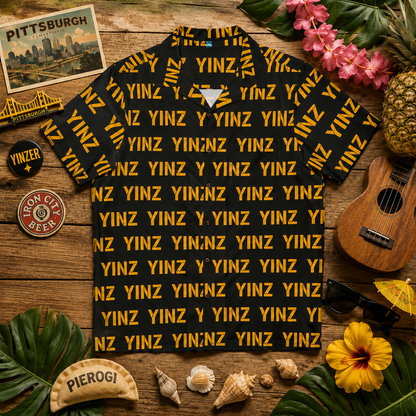 YINZ Hawaiian Shirt, Pittsburghese Aloha Button Up, Black & Gold Yinzer Pattern, PGH Vacation Shirt, Funny Pittsburgh Gift