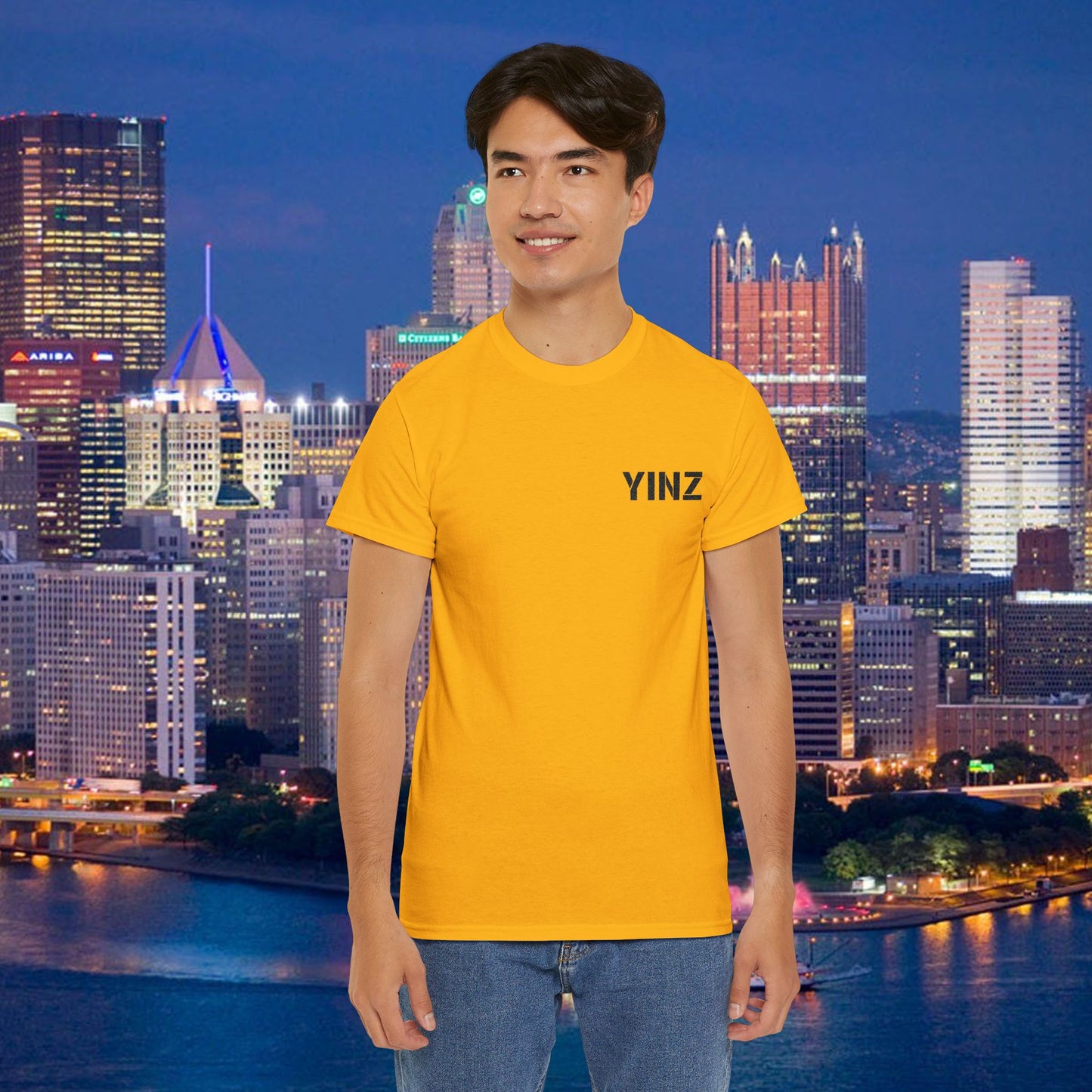 Steeler Gold Embroidered T-Shirt YINZ in Black Thread (Left Chest) | Pittsburghese Yinzer Tee | Steel City Pride