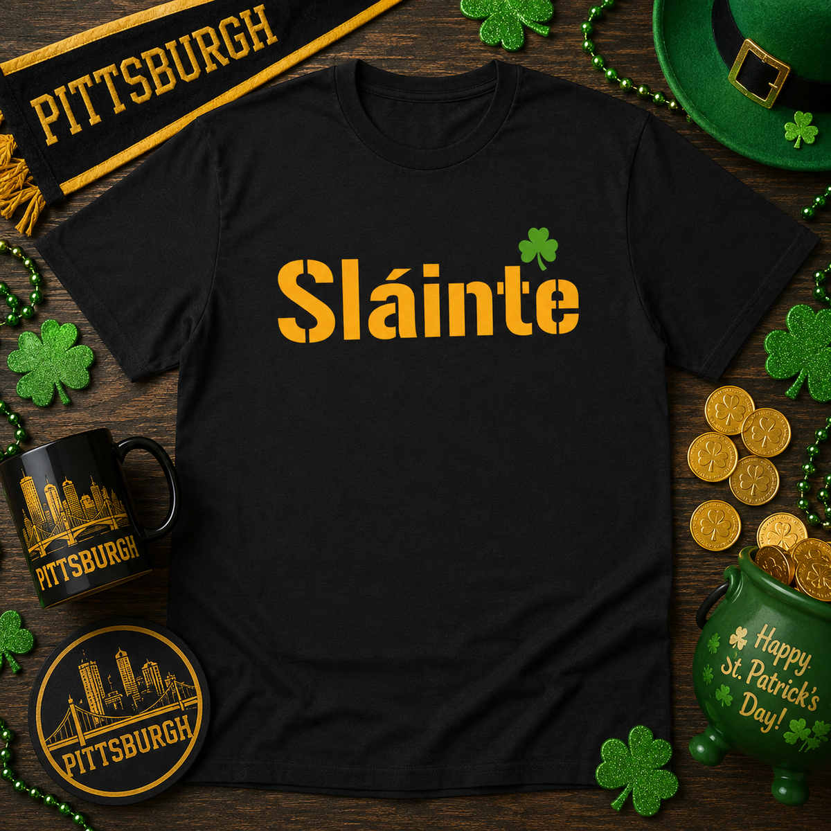 Sláinte Shamrock Pittsburgh Style T-Shirt | Yinzer Irish Pride Tee | Black & Gold Game Day Vibe Shirt | St Patricks Day Pittsburgh Gift