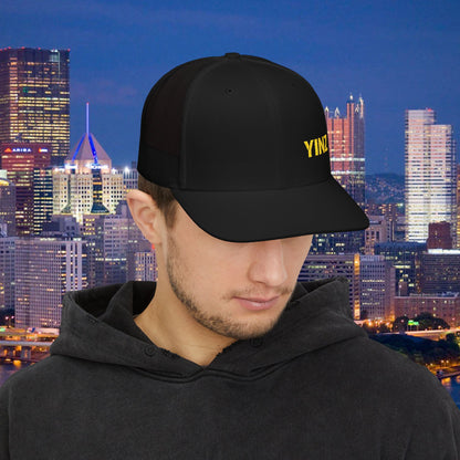 YIINZ Trucker Hat Embroidered | Pittsburghese Snapback Cap | Yinzer Humor | Black & Gold Style | PGH Gift