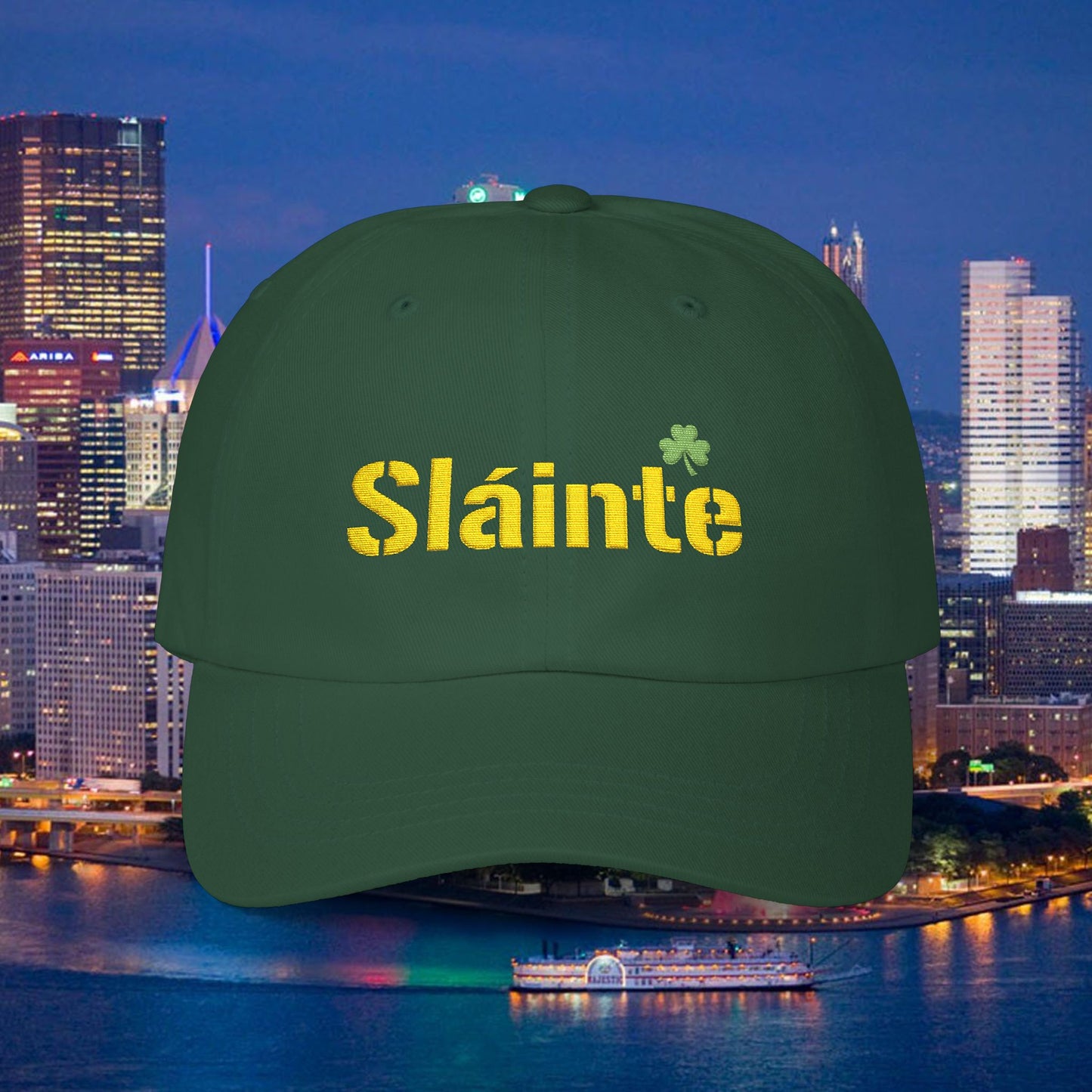 Slainte Shamrock Embroidered Dad Hat | Pittsburgh Yinzer Inspired Irish Cap | Black & Gold Style Baseball Hat | St Patricks Day Gift