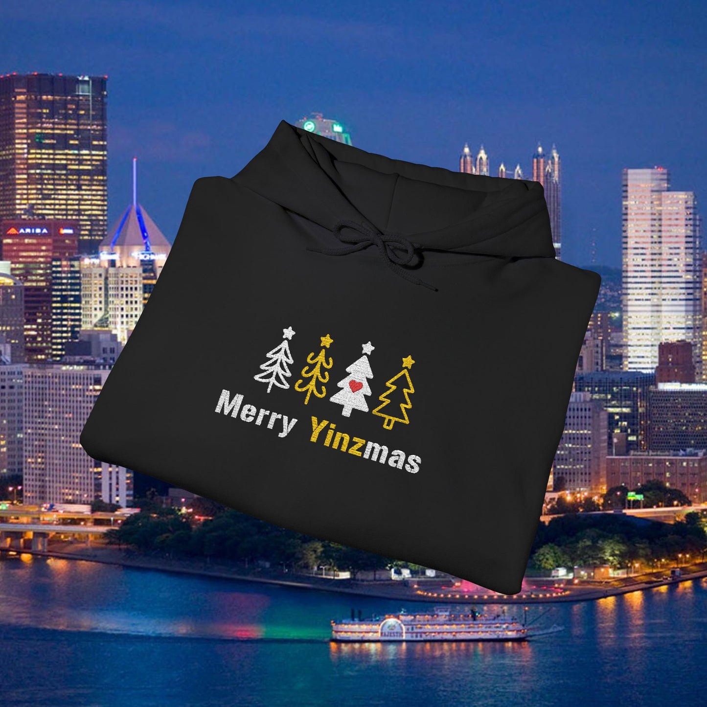 Merry Yinzmas Embroidered Hoodie, Pittsburgh Christmas Sweatshirt, Yinzer Holiday Gift, Christmas Tree Pittsburghese Hoodie