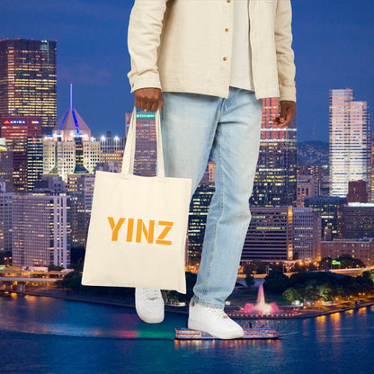 YINZ Canvas Tote Bag Pittsburghese Tote in Gold Lettering | Yinzer Gift | Pittsburgh Shopper Bag | Steel City Reusable Tote