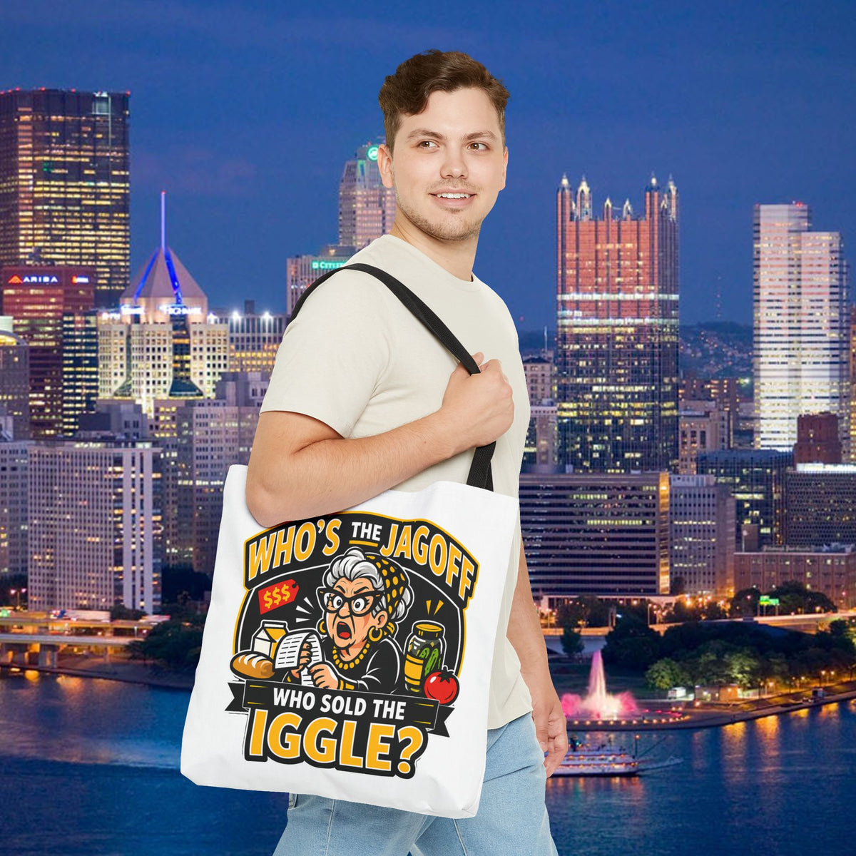Who's the Jagoff Who Sold the Iggle? Pittsburgh Tote Bag | Funny Yinzer Grocery Humor | 18x18 Tote Bag | Pittsburghese Gift