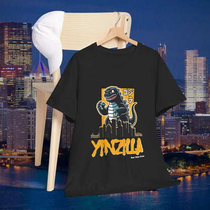YINZILLA Black and Gold T-Shirt Giant Lizard & Pittsburgh Skyline Silhouette Funny Yinzer PGH Monster Tee