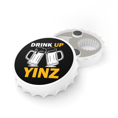 Drink Up YINZ Magnetic Bottle Opener, Pittsburghese Beer Opener, Yinzer Bar Decor, Black and Gold Pittsburgh Gift