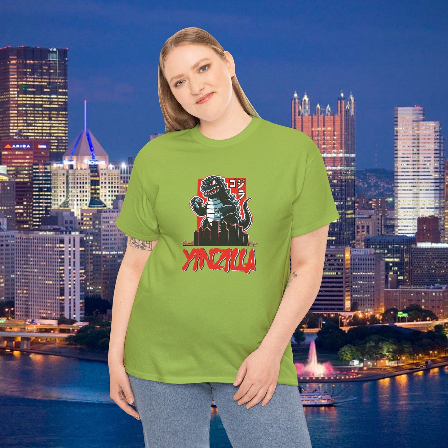 YINZILLA T-Shirt  Giant Lizard & Pittsburgh Skyline Silhouette Funny Yinzer PGH Monster Tee