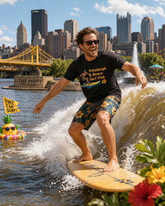 3 Rivers Surf Club T-Shirt | Pittsburgh Parody Surf Tee | Yinzer River Life Shirt | Steel City Humor Graphic Tee | PGH Gift