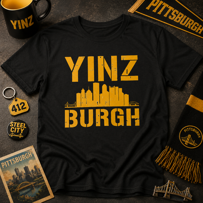 YINZ BURGH Pittsburgh Skyline T-Shirt | Steel City Yinzer Graphic Tee | PGH Downtown Outline Shirt