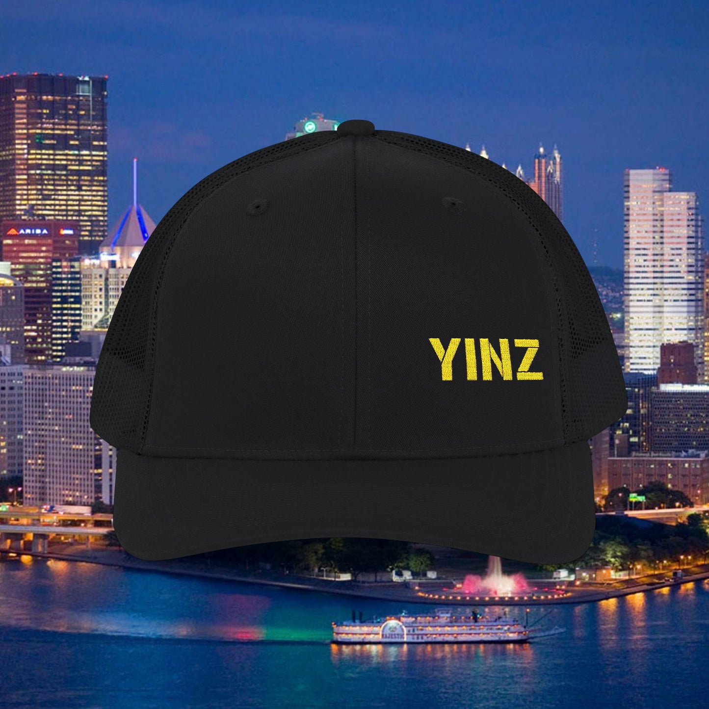 YIINZ Trucker Hat Embroidered | Pittsburghese Snapback Cap | Yinzer Humor | Black & Gold Style | PGH Gift