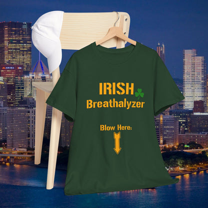 Irish Breathalyzer Blow Here T-Shirt | Funny St Patricks Day Pittsburgh Yinzer Shirt | Steelers Style Font Parody | Irish Drinking Tee