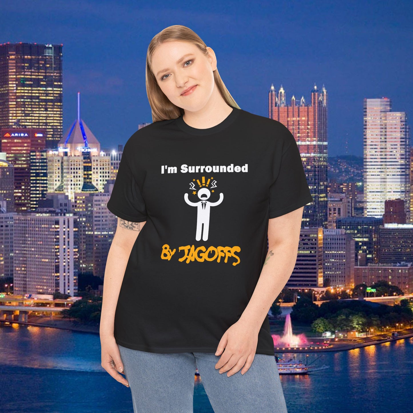 Im Surrounded by Jagoffs Shirt, Funny Pittsburghese Tee, Yinzer Humor T Shirt, Sarcastic Pittsburgh Gift, Stressed Stick Figure Graphic Tee