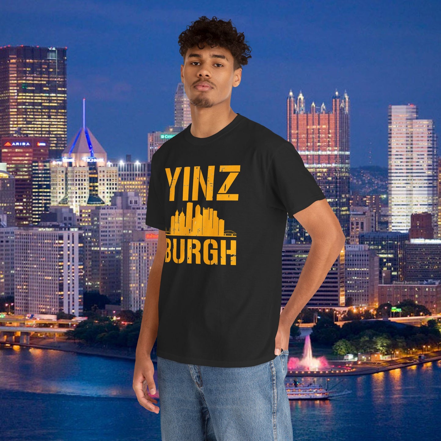 YINZ BURGH Pittsburgh Skyline T-Shirt | Steel City Yinzer Graphic Tee | PGH Downtown Outline Shirt