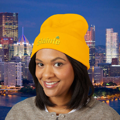 Slainte Shamrock Embroidered Beanie | Pittsburgh Yinzer Inspired Irish Hat | Black & Gold Style Winter Cap | St Patricks Day Gift