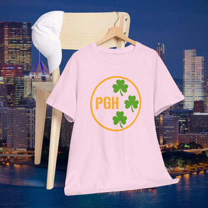 PGH Shamrock Circle T-Shirt | Pittsburgh Irish Pride Tee | Steel City Parody Logo Style | St Patricks Day Shirt