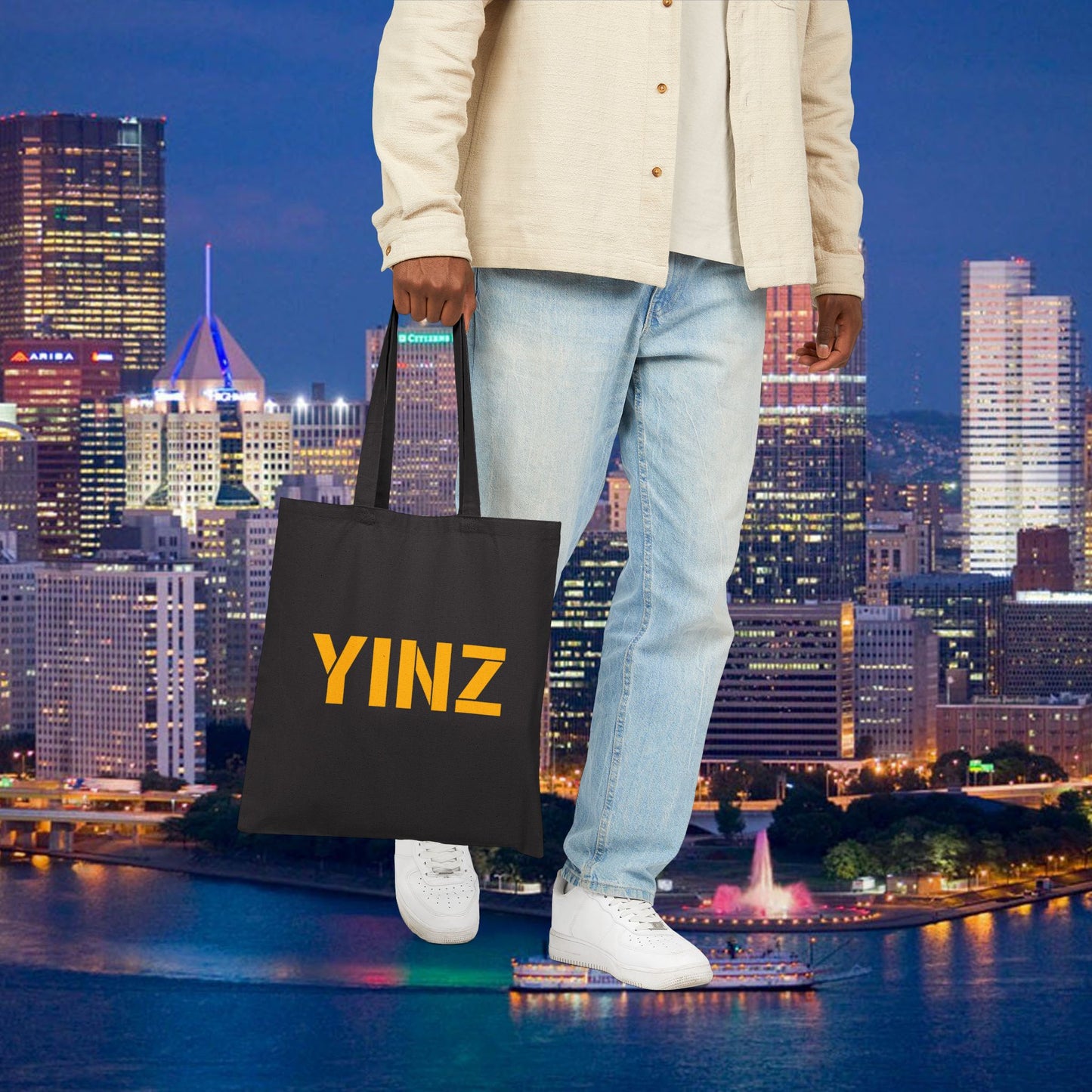 YINZ Canvas Tote Bag Pittsburghese Tote in Gold Lettering | Yinzer Gift | Pittsburgh Shopper Bag | Steel City Reusable Tote