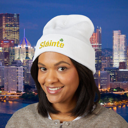 Slainte Shamrock Embroidered Beanie | Pittsburgh Yinzer Inspired Irish Hat | Black & Gold Style Winter Cap | St Patricks Day Gift