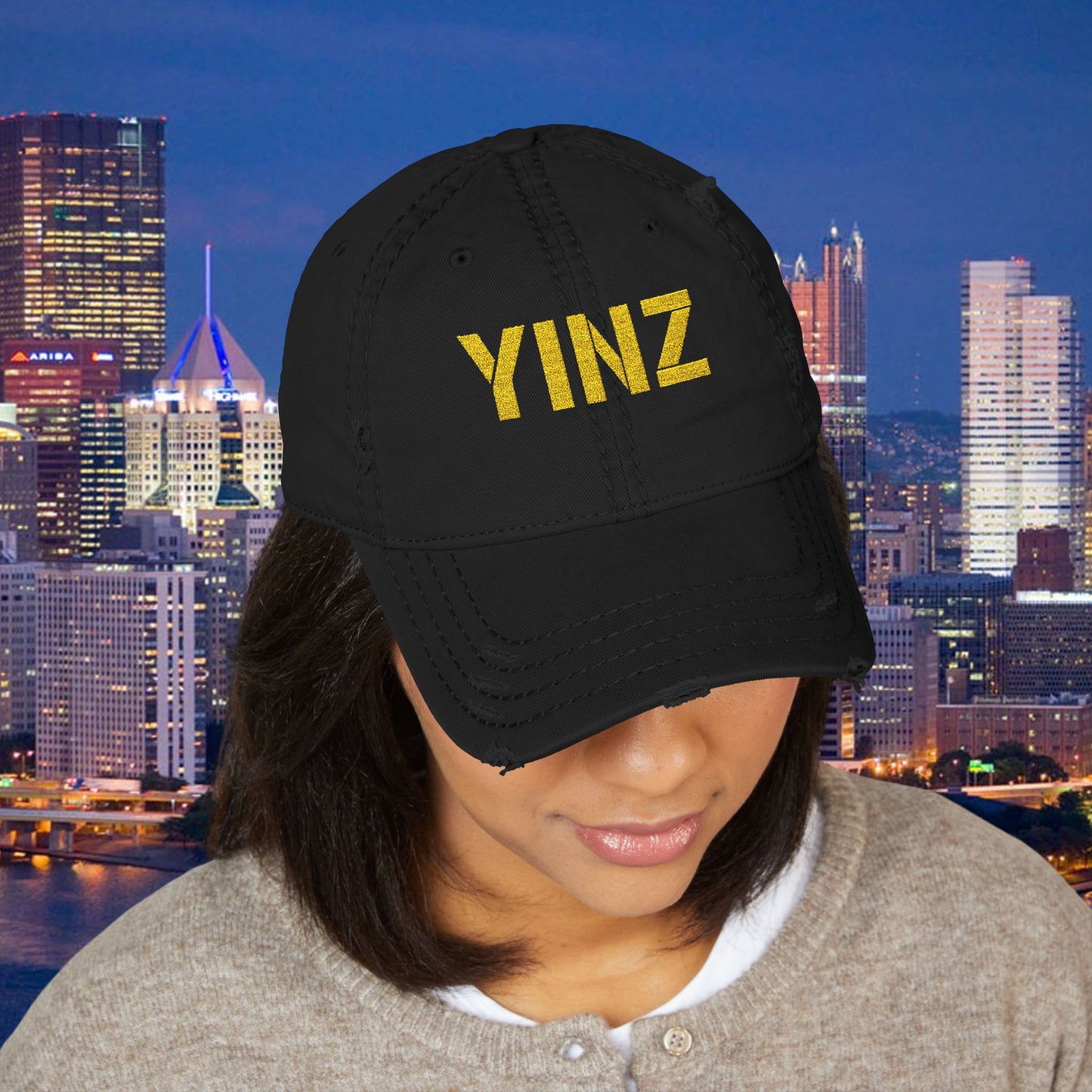 YINZ Pittsburgh Hat Embroidered Distressed Baseball Cap (Gold Thread) | Pittsburghese Dad Hat | Vintage Washed Crew Cap
