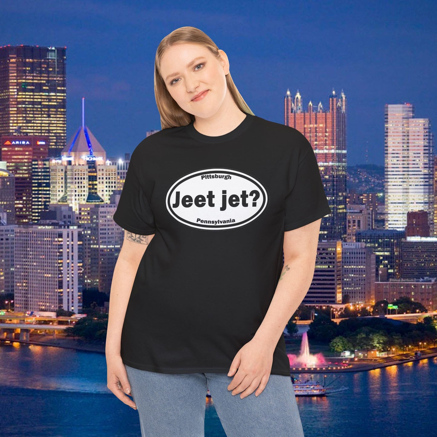 Jeet Jet Pittsburghese Oval T-Shirt | Yinzer Phrase Graphic Tee | PGH Slang Did You Eat Yet Shirt