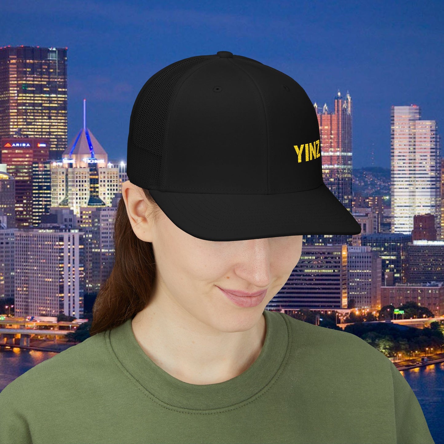 YIINZ Trucker Hat Embroidered | Pittsburghese Snapback Cap | Yinzer Humor | Black & Gold Style | PGH Gift