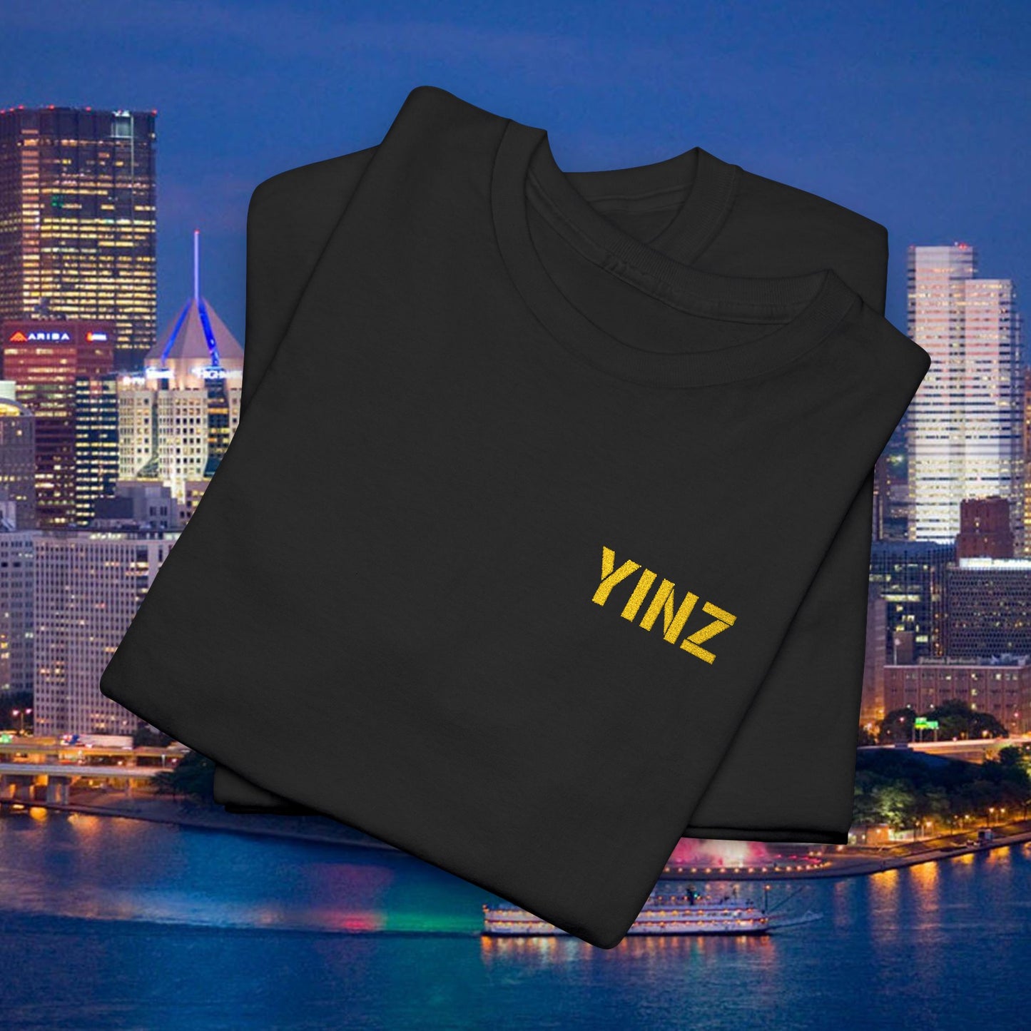 Black Embroidered T-Shirt YINZ in Gold Thread (Left Chest) | Pittsburghese Yinzer Tee | Steel City Pride