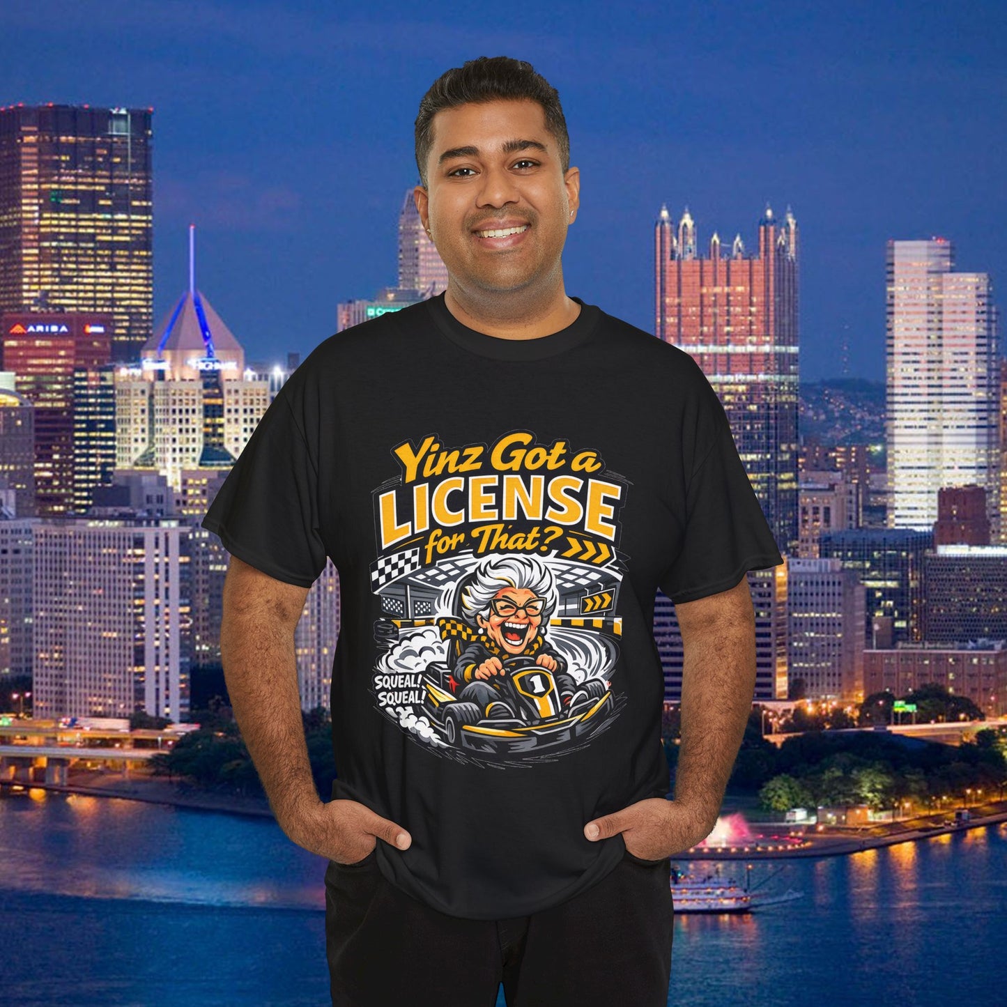 Yinz Got a License for That Shirt, Funny Pittsburgh Go Kart T-Shirt, Sarcastic Yinzer Racing Tee, Black and Gold Burgh Gift