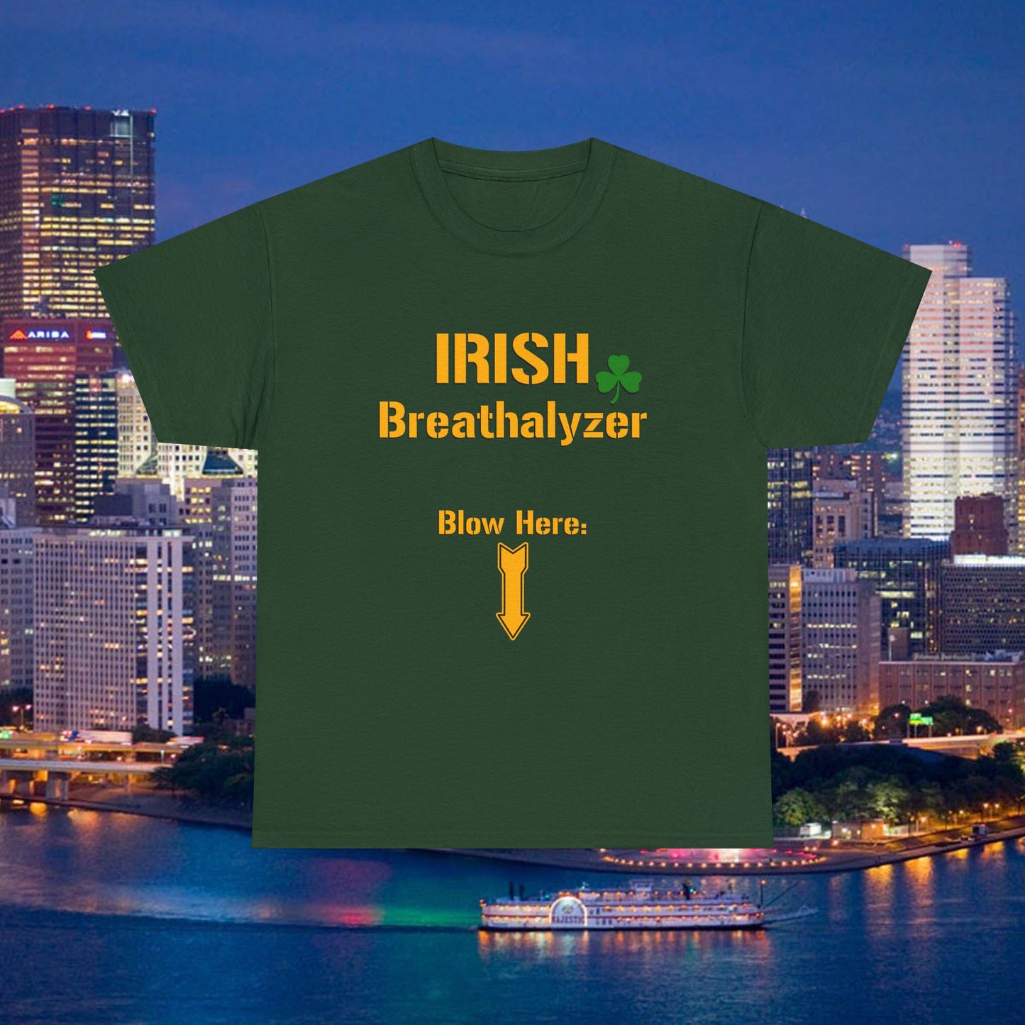 Irish Breathalyzer Blow Here T-Shirt | Funny St Patricks Day Pittsburgh Yinzer Shirt | Steelers Style Font Parody | Irish Drinking Tee