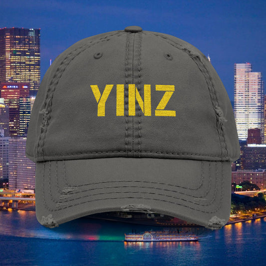 YINZ Pittsburgh Hat Embroidered Distressed Baseball Cap (Gold Thread) | Pittsburghese Dad Hat | Vintage Washed Crew Cap